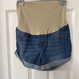 Maternity Denim Shorts with Beige Band